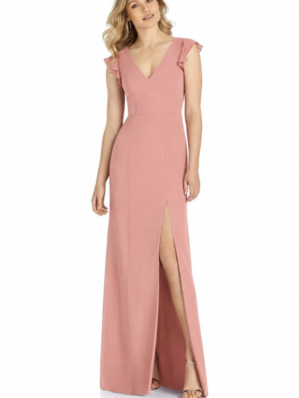 Dessy Desert Rose Long Chiffon Bridesmaid Formal Dress Boho Flutter Sleeve Slit